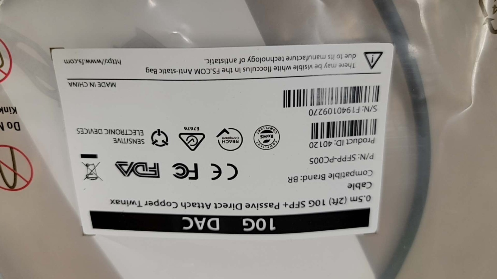 FS SFPP-PC005 0.5m (2ft) 10G SFP+ Passive Direct Attach Copper Twinax Cable NEW