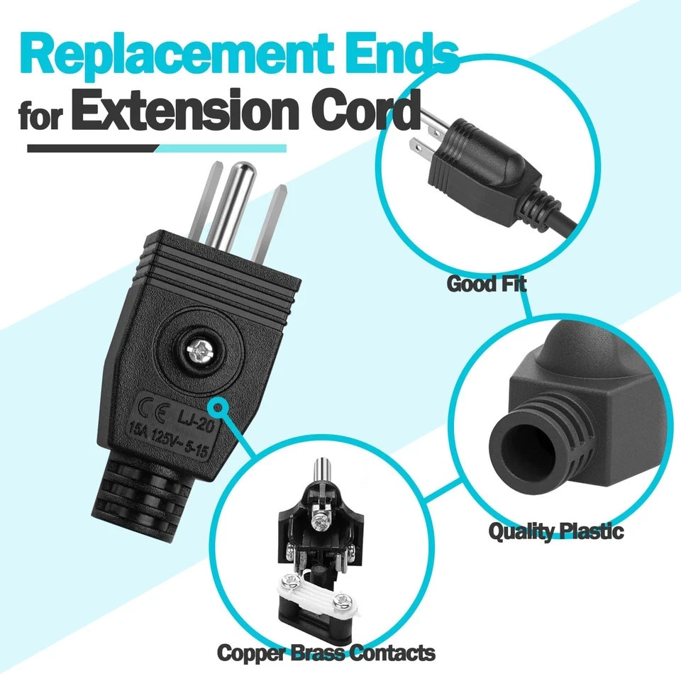 4PCS Electrical Replacement Plug 3 Prong Male Plug End Extension Cord Replacemen