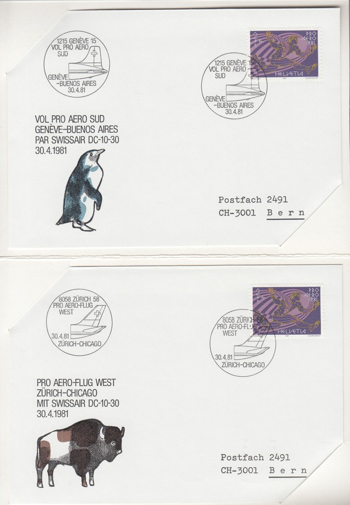 Switzerland Mi 1196 on 4 diff cacheted commemorative flight covers in folder