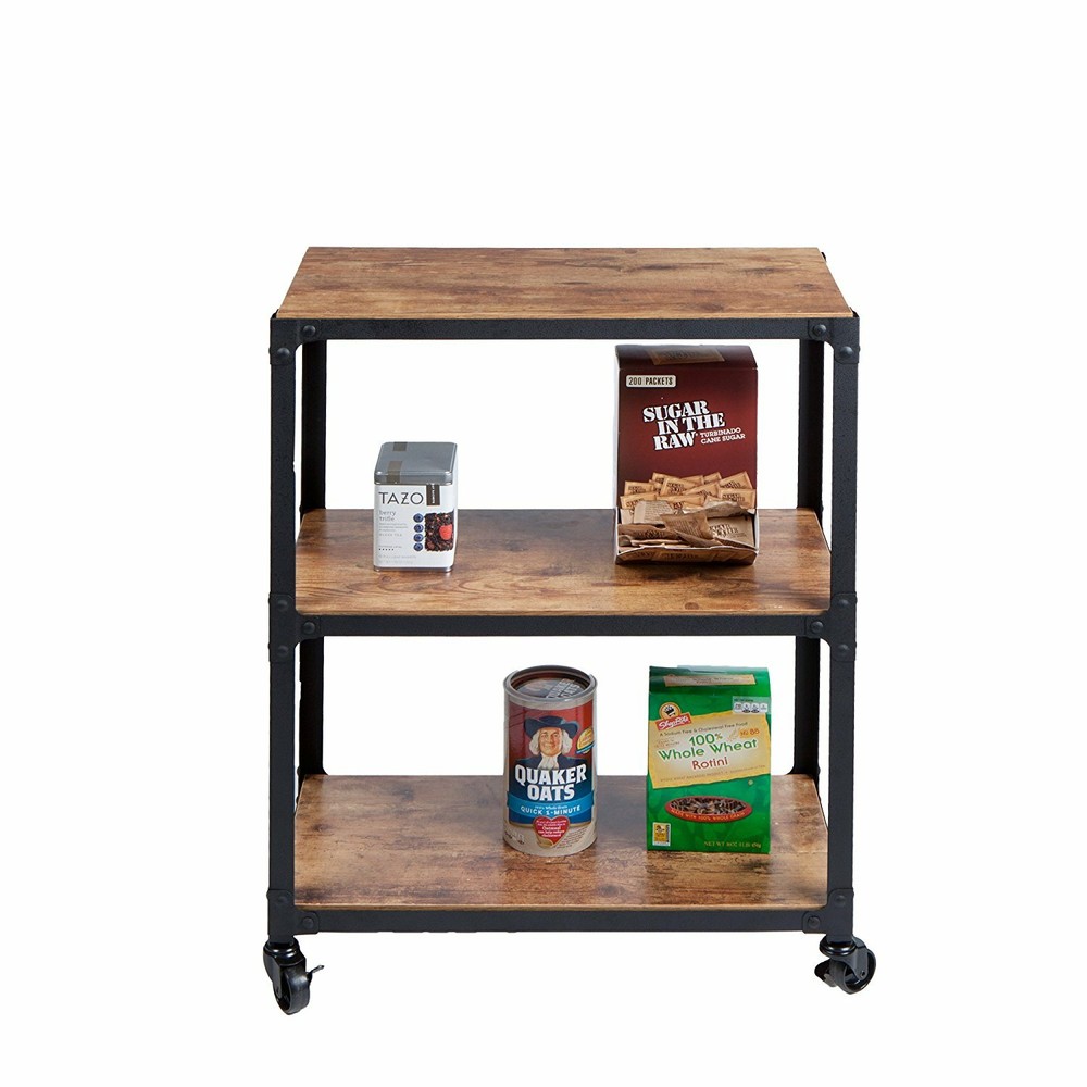 Rustic Brown Black 3 Tier Utility Serving Cart Rolling Kitchen Office Storage