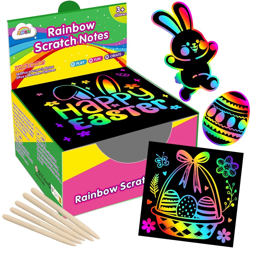 Easter Basket Stuffers for Kids，165 Rainbow Scratch Paper Art Notes, Easter C...