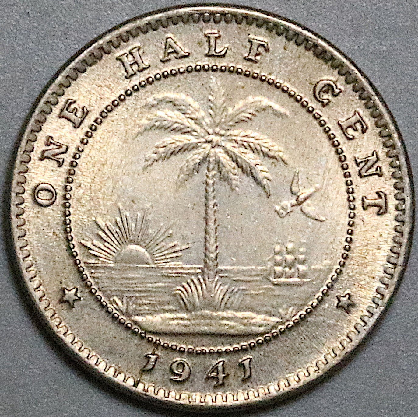 1941 Liberia 1/2 Cent Elephant Palm Tree African AU Coin (25090104R)