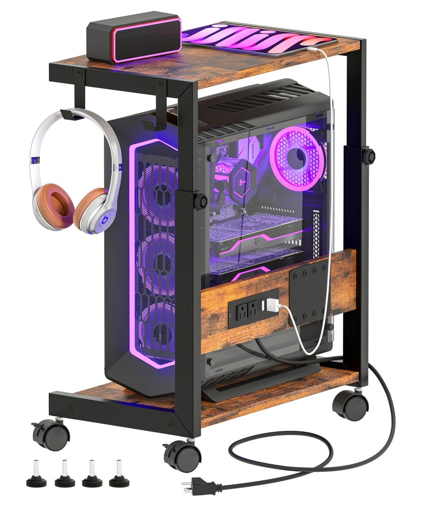 Height Adjustable Computer Tower Stand with Charging Station, 2 Tier Mobile F...