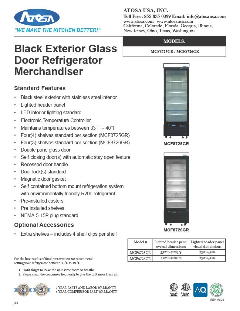 Atosa MCF8726GR, 1 GLASS Door REFRIGERATOR