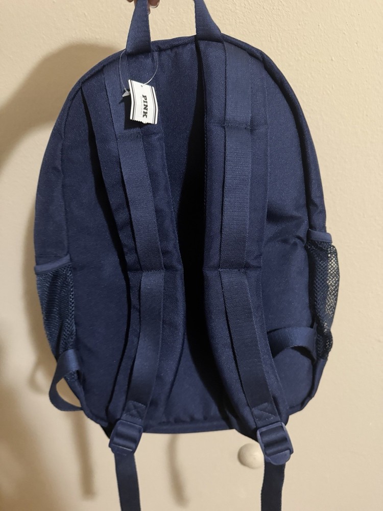 PINK Navy Blue Backpack Adjustable Strap Mesh Pockets Embroidered Crest