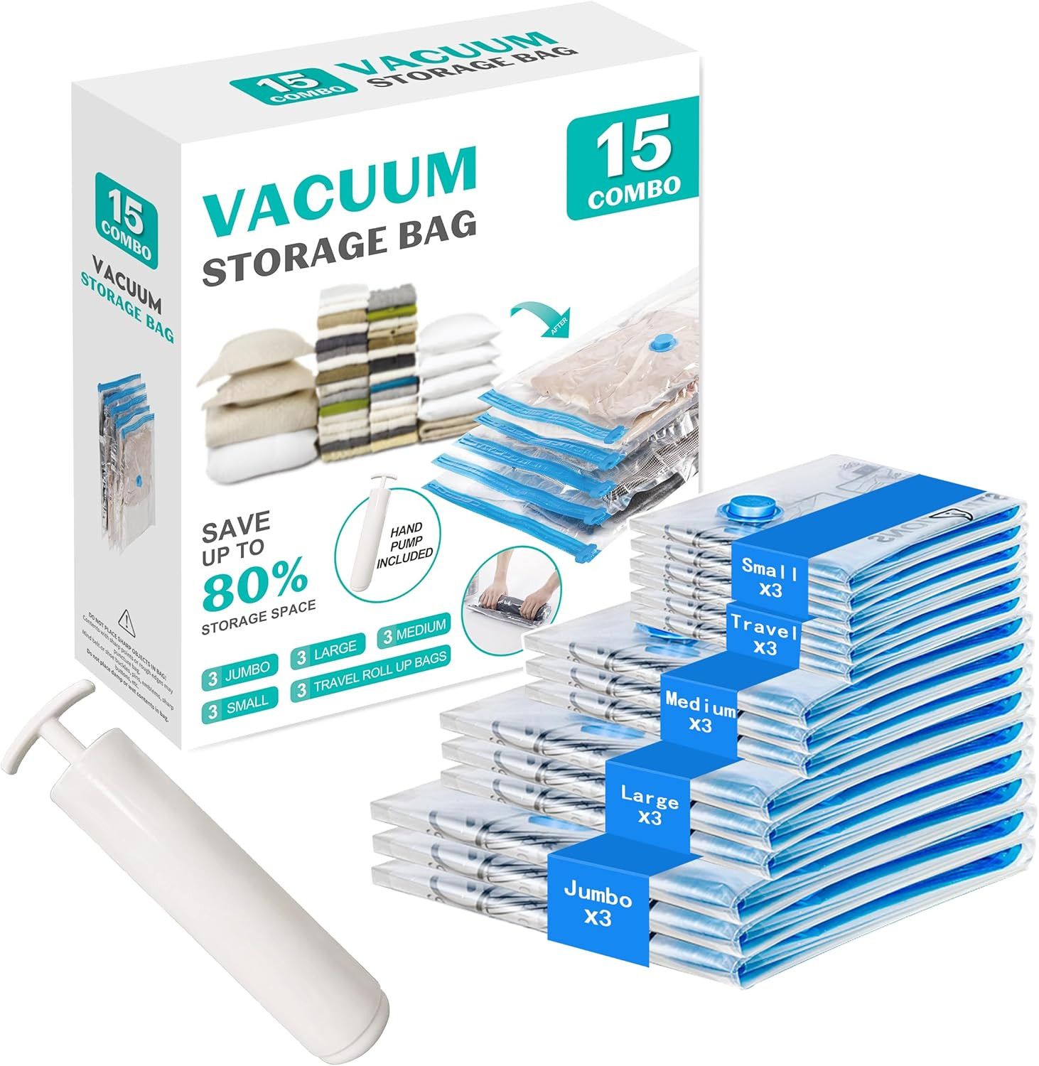 15 Pack Vacuum Seal Bags for Clothing &Travel, Space Saver Vacuum Storage Bags f