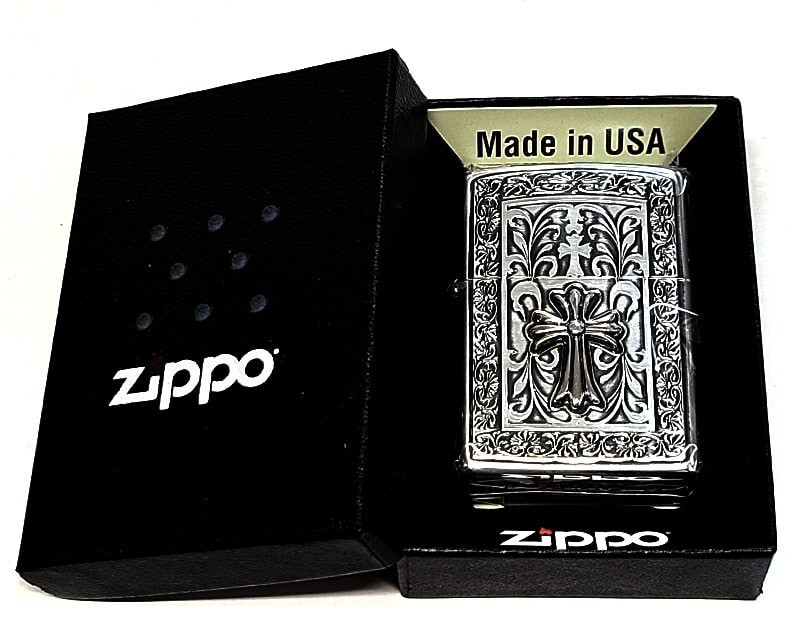 Zippo Solid Frame Metal Cross Arabesque Silver One Sided Processing Lighter