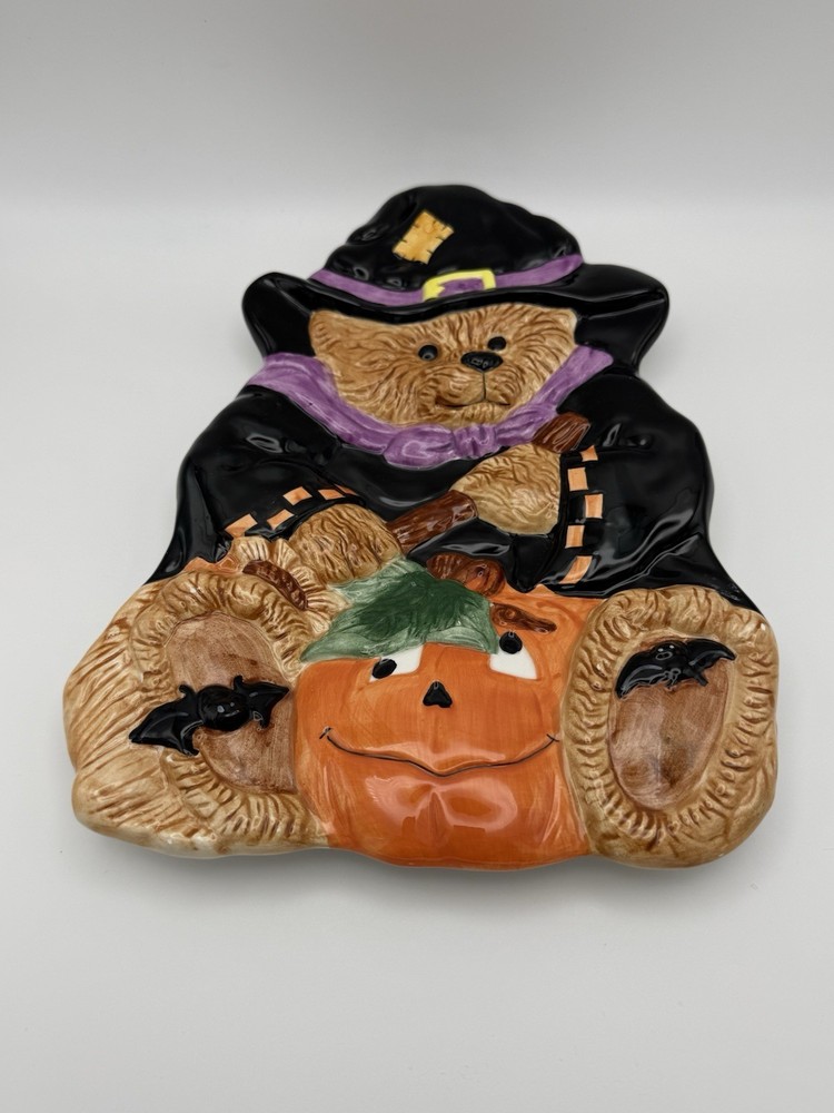 Whimsical Fall / Halloween Bear Witch Pumpkin Ceramic Serving Plate