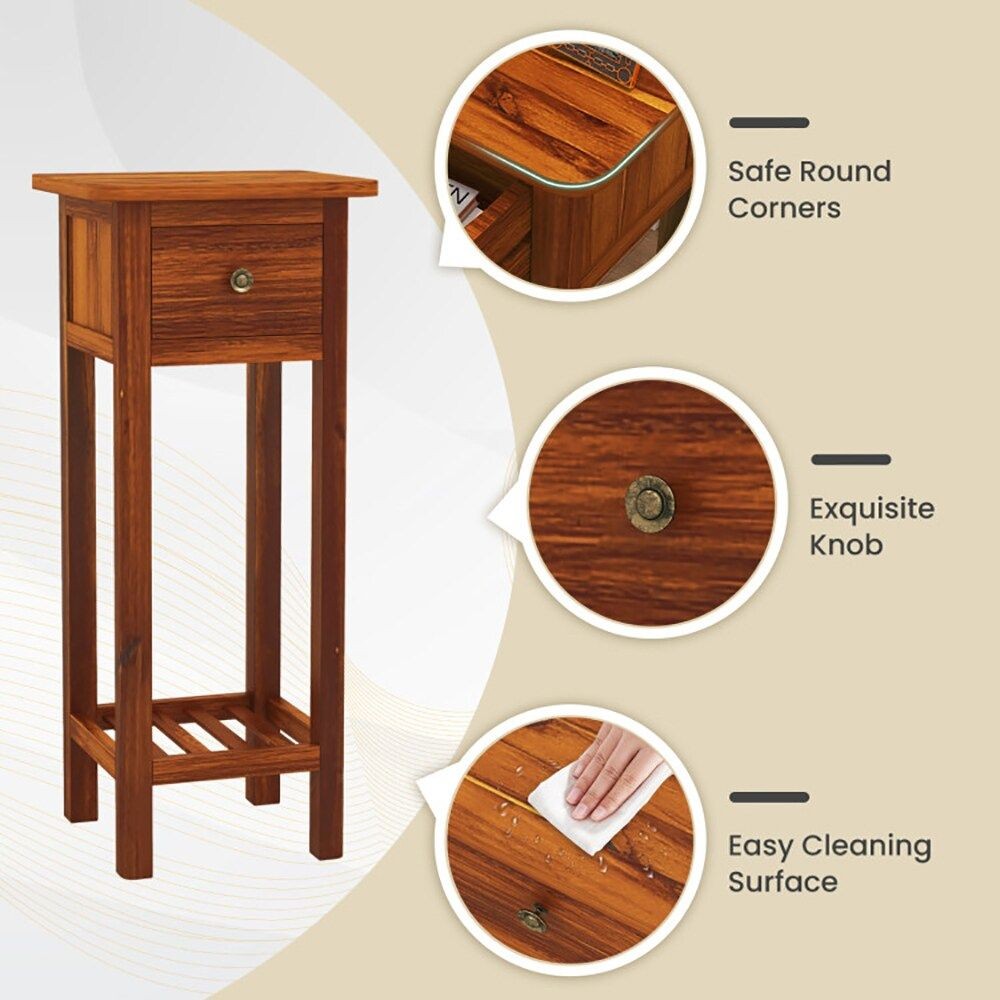 2 Tier Slim Nightstand Bedside Table with Drawer Shelf