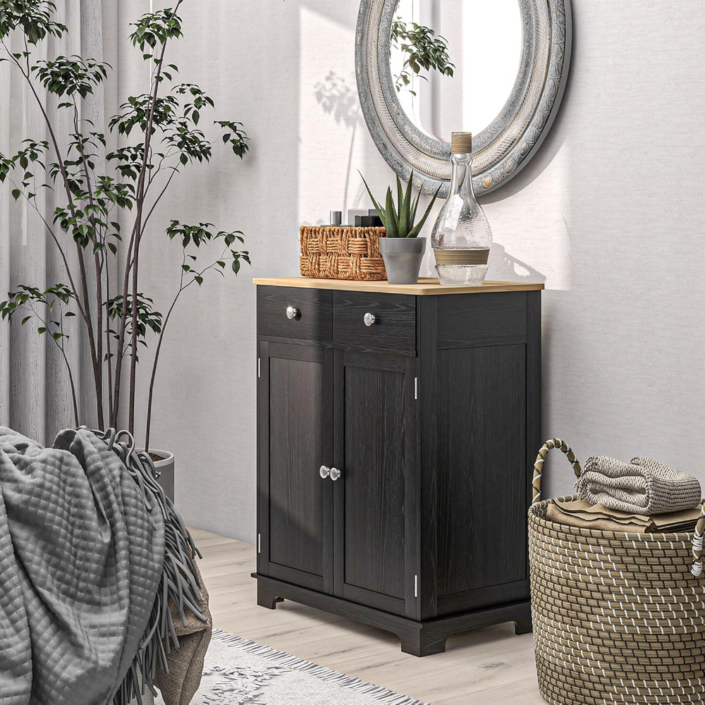 Modern Distressed Black Sideboard Buffet Cabinet with Solid Wood Top & Storage