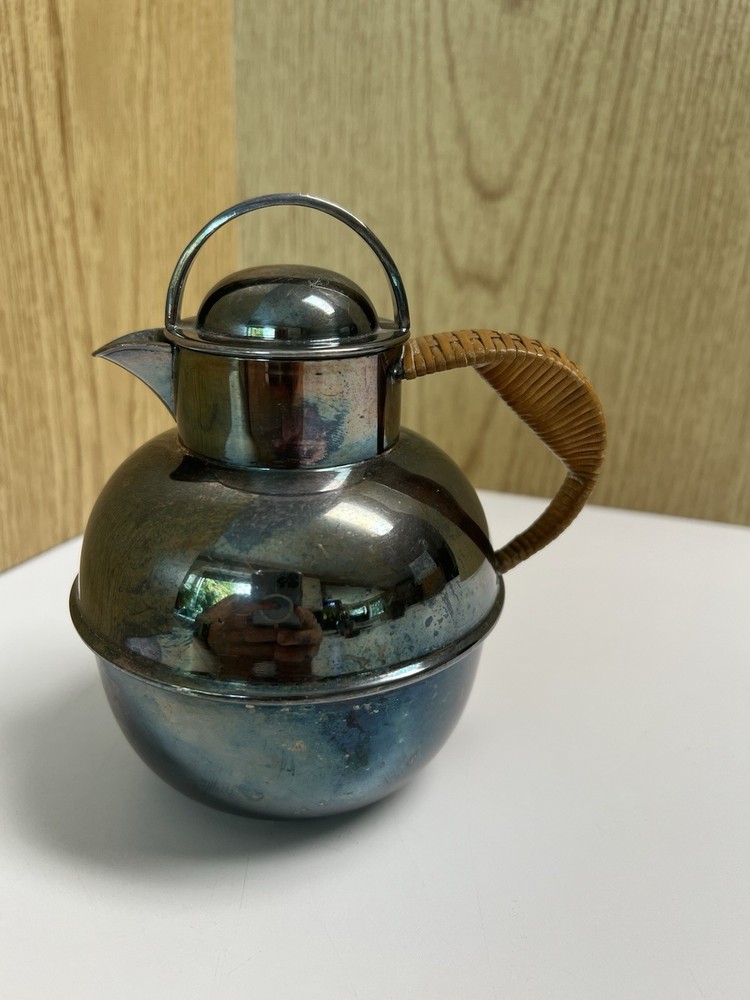 Vintage E.G. Webster & Sons Silverplate Teapot Lidded With Rattan Wicker Handle