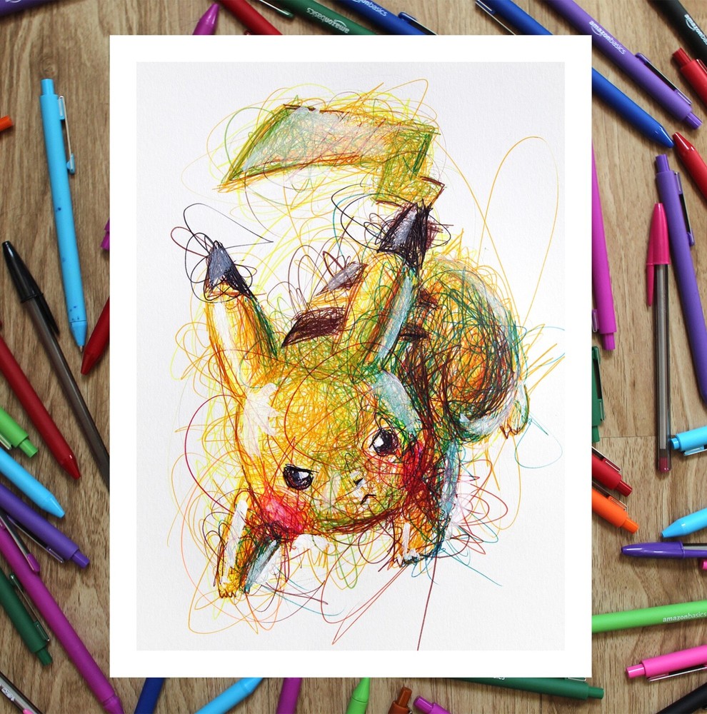 Pikachu Ballpoint Pen Print, Pokemon Poster