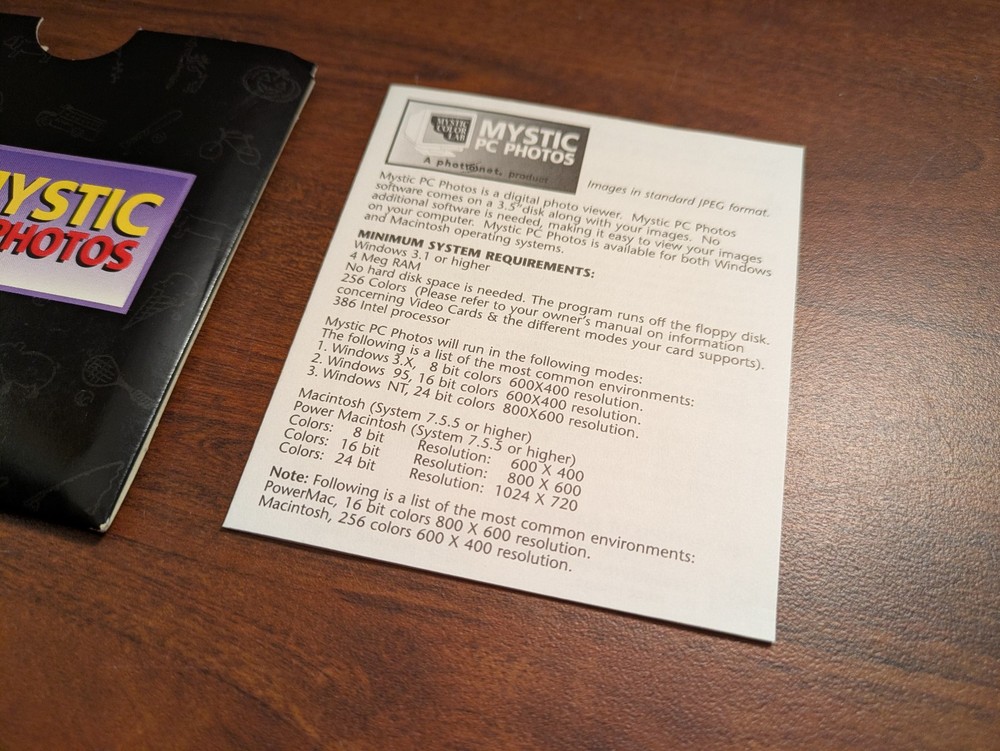 Mystic Color Lab 3.5" Floppy Disk Sleeve and Instruction Guide