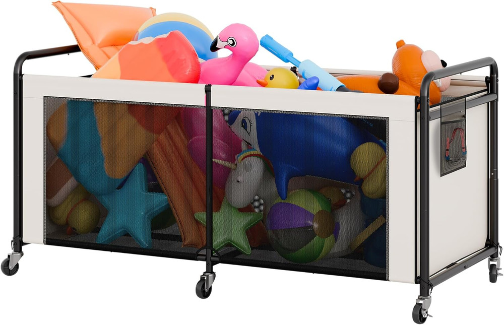 295 Gallon Pool Float Storage, Mesh Pool Toy Storage Bin with Wheel and Side Poc