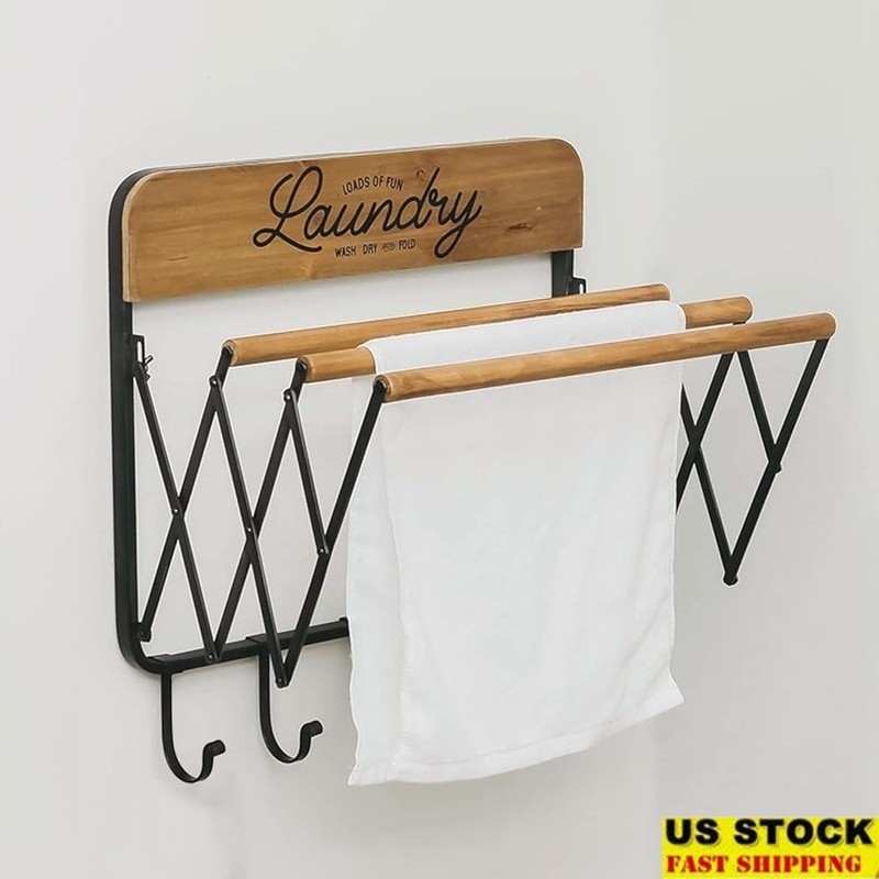 Wall Mount Foldable Clothes Drying Rack W/ Hooks Adjustable Rods Space Saver New