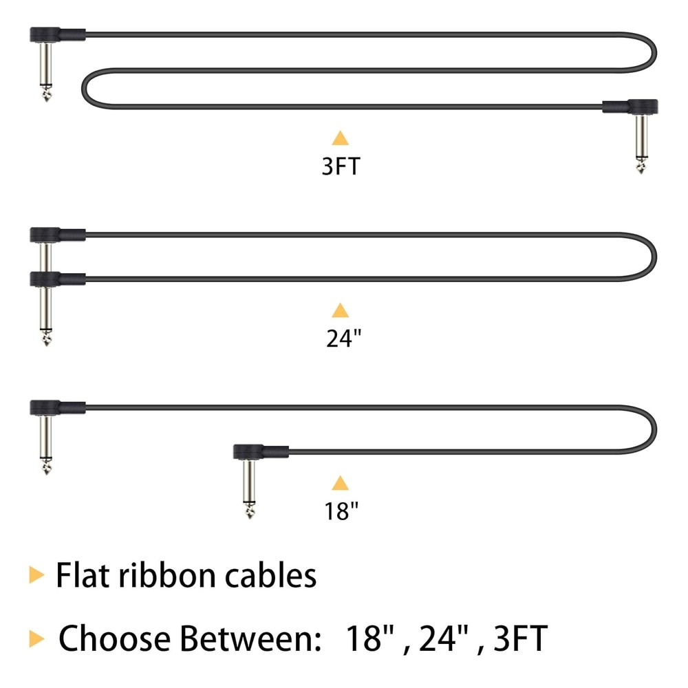 3FT Guitar Patch Cables, 1/4" TS Right Angle Effect Pedal Flat 3 FT, Black