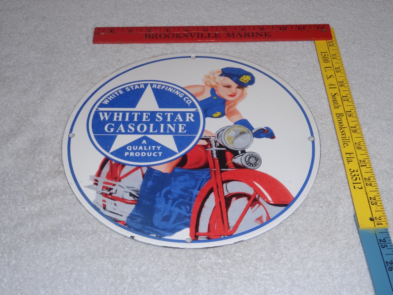 VINTAGE WHITE STAR GASOLINE "WOMAN ON MOTORCYCLE" 12" PORCELAIN METAL MOBIL SIGN