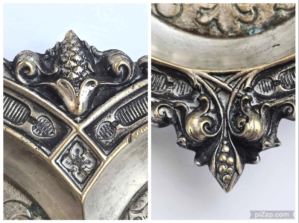 French Decorative Serving Tray Brass Silver Plated Embossed Engraved Monogram JP