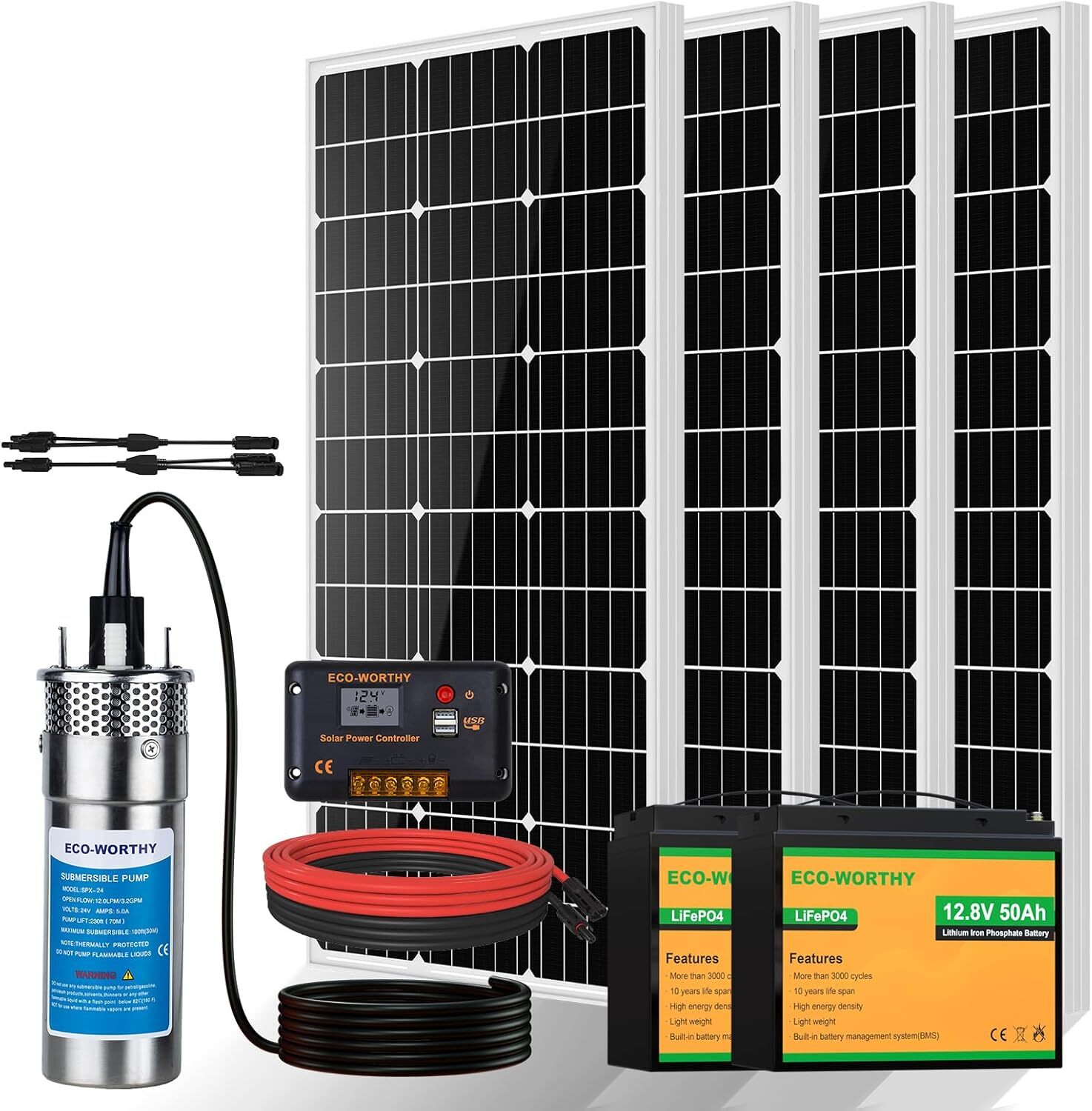 24V Solar Well Water Pump Kit 100W Solar Panels 50AH Lithium Battery