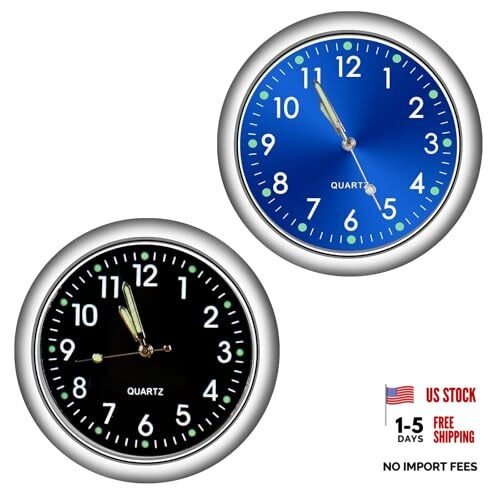 Mini Car Clock Stick on Dashboard Luminous Tiny Vent Analog 2 Black, Blue