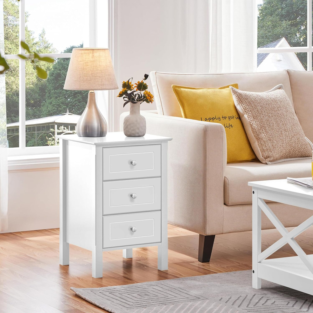 White 3-Drawer Nightstand with Solid Wood Legs for Small Spaces