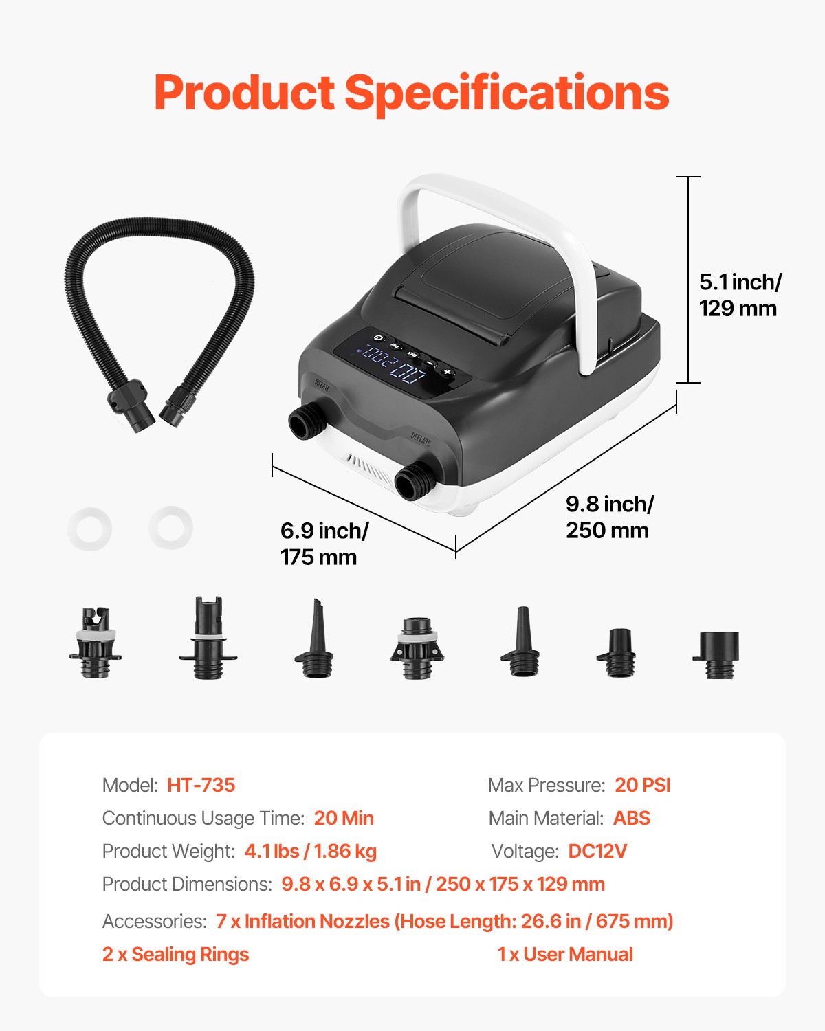 VEVOR Paddle Board Pump 20PSI Electric SUP Air Pump with Auto-Off for Inflatable