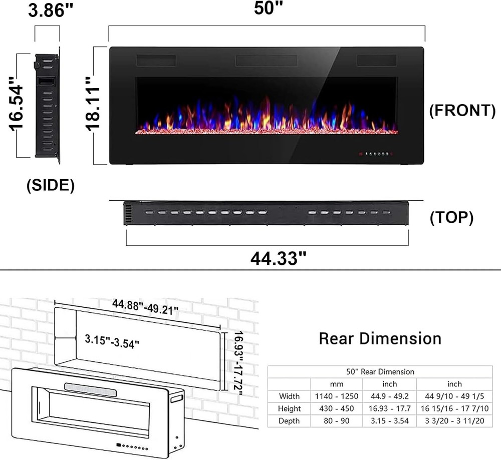 50 Inch Electric Fireplace Inserts, in-Wall Recessed & Wall Mounted,Remote&Timer
