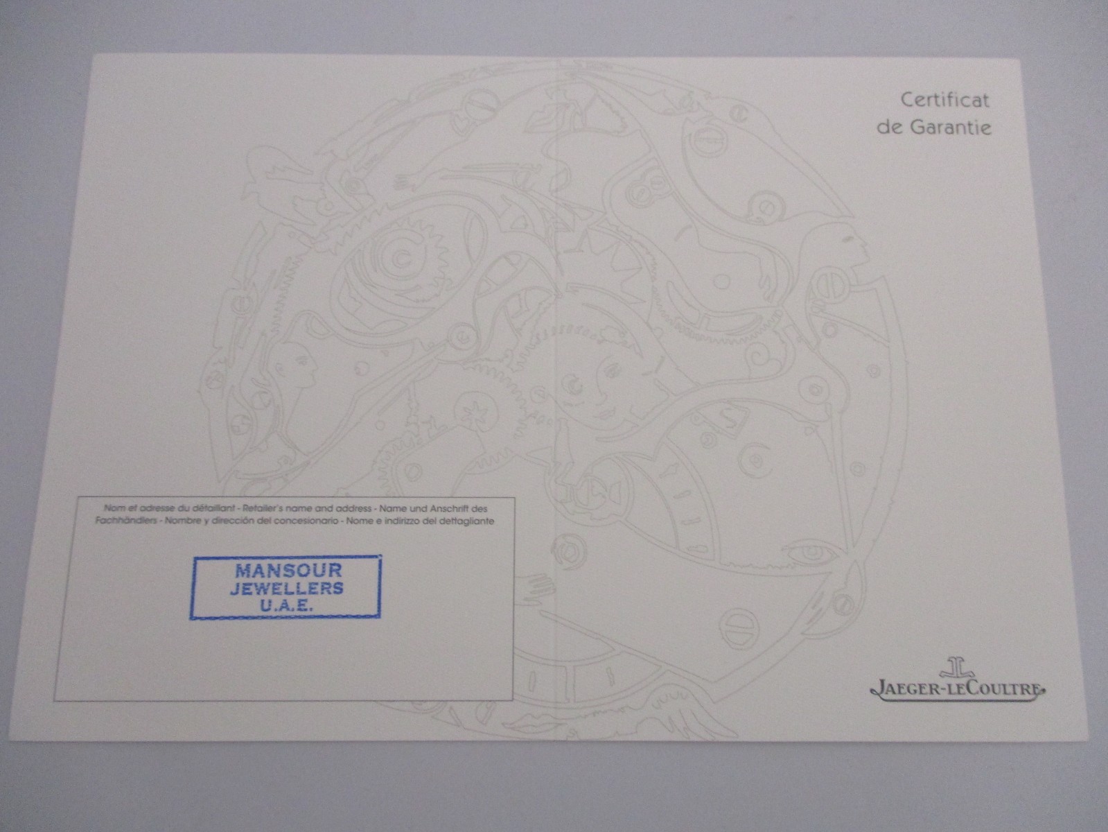 Jaeger-LeCoultre Retail Stamped Watch Certificat Garantie Guarantee Certificate