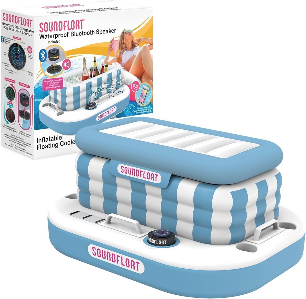 Inflatable Cooler with Bluetooth Speaker 24 Can Floatable Pool Bar Blue White