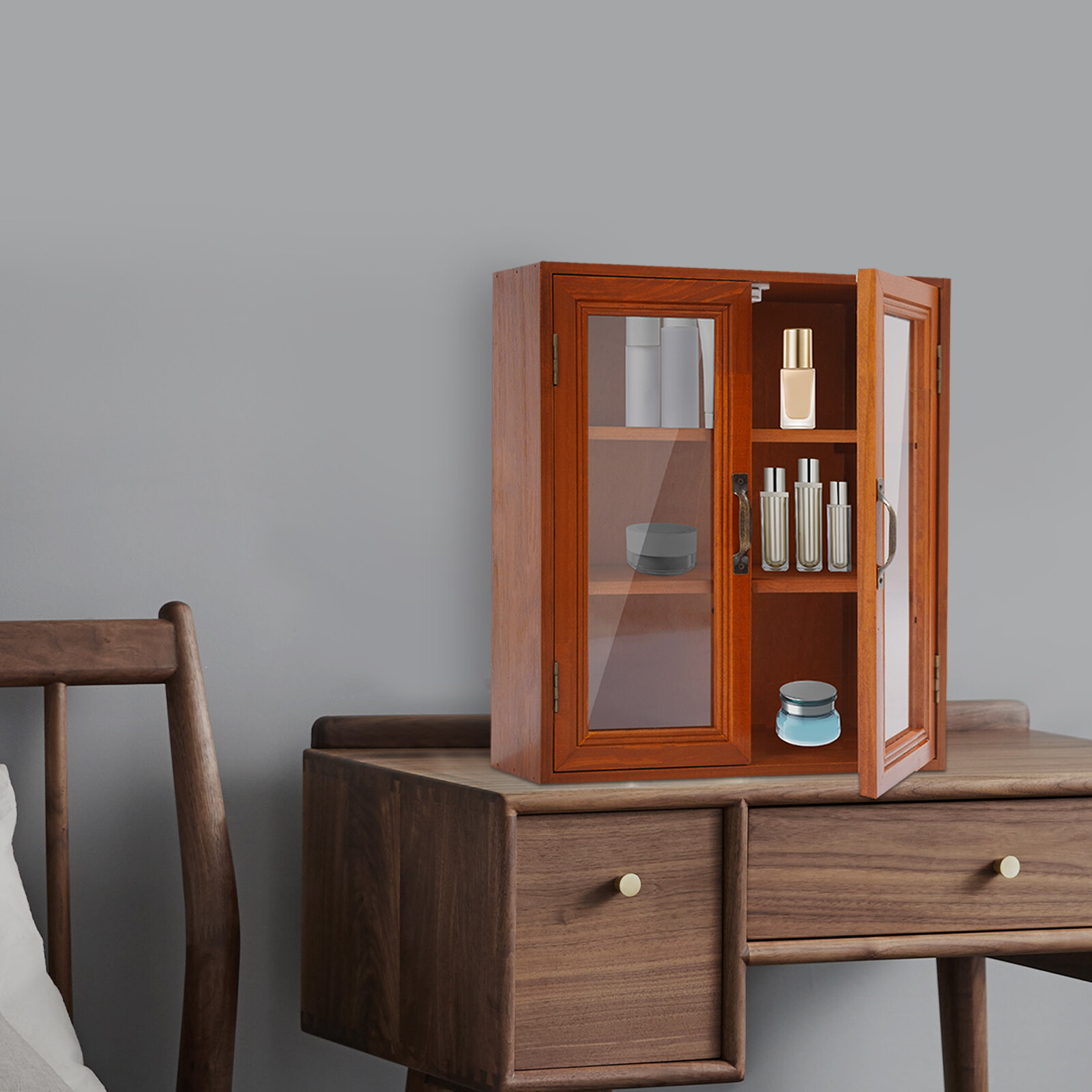 12.09*4.72*14.17in Brown Solid Wood& Acrylic Freestanding 3-tier Storage Cabinet