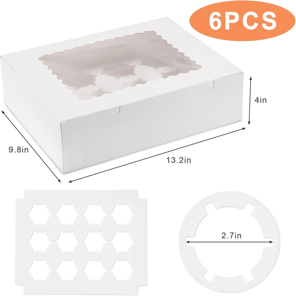 6PCS Cupcake Boxes - Hold 12 Count Cupcake Containers with Window, Grade Cupcak