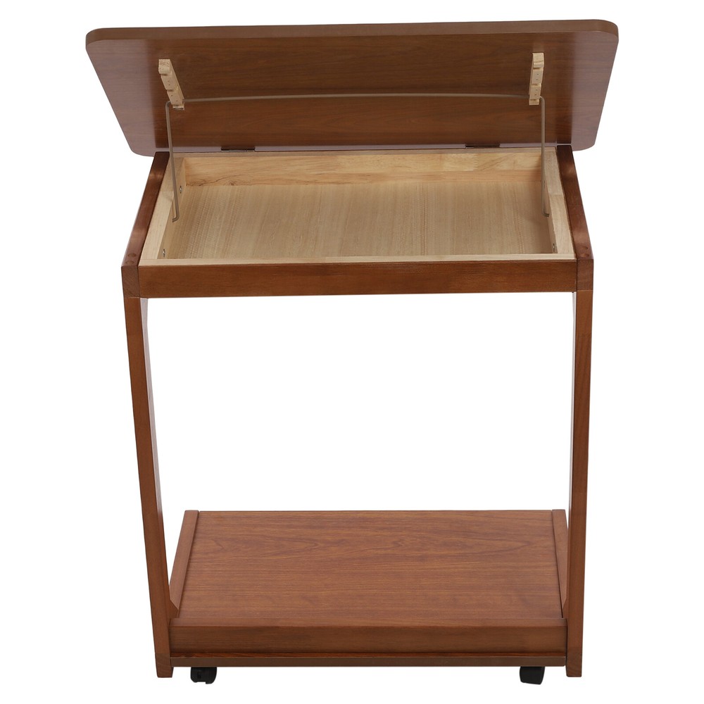 2-tier Walnut-Colored Adjustable Angle C-Shaped End Table With 4-Wheels 55.12lbs