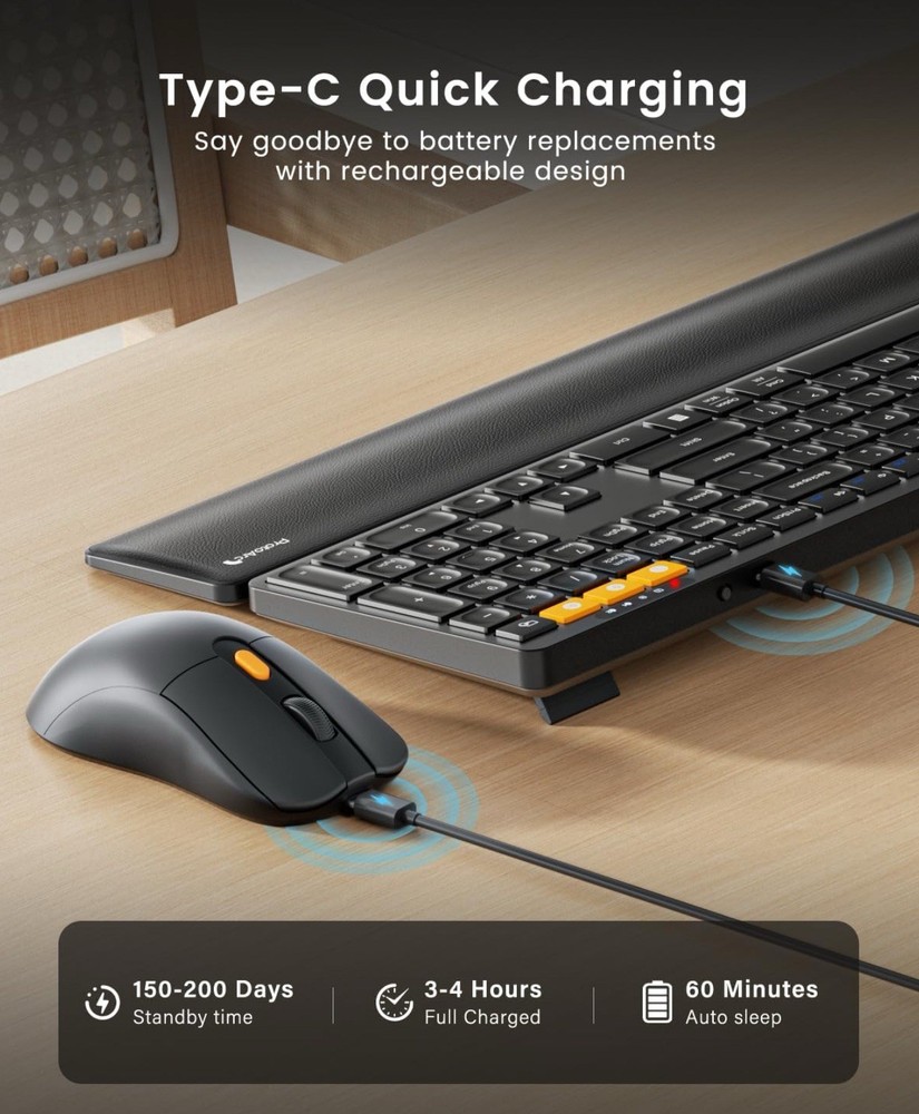 ProtoArc Wireless Keyboard and Mouse, KM60 Full-Size Bluetooth Keyboard Mouse