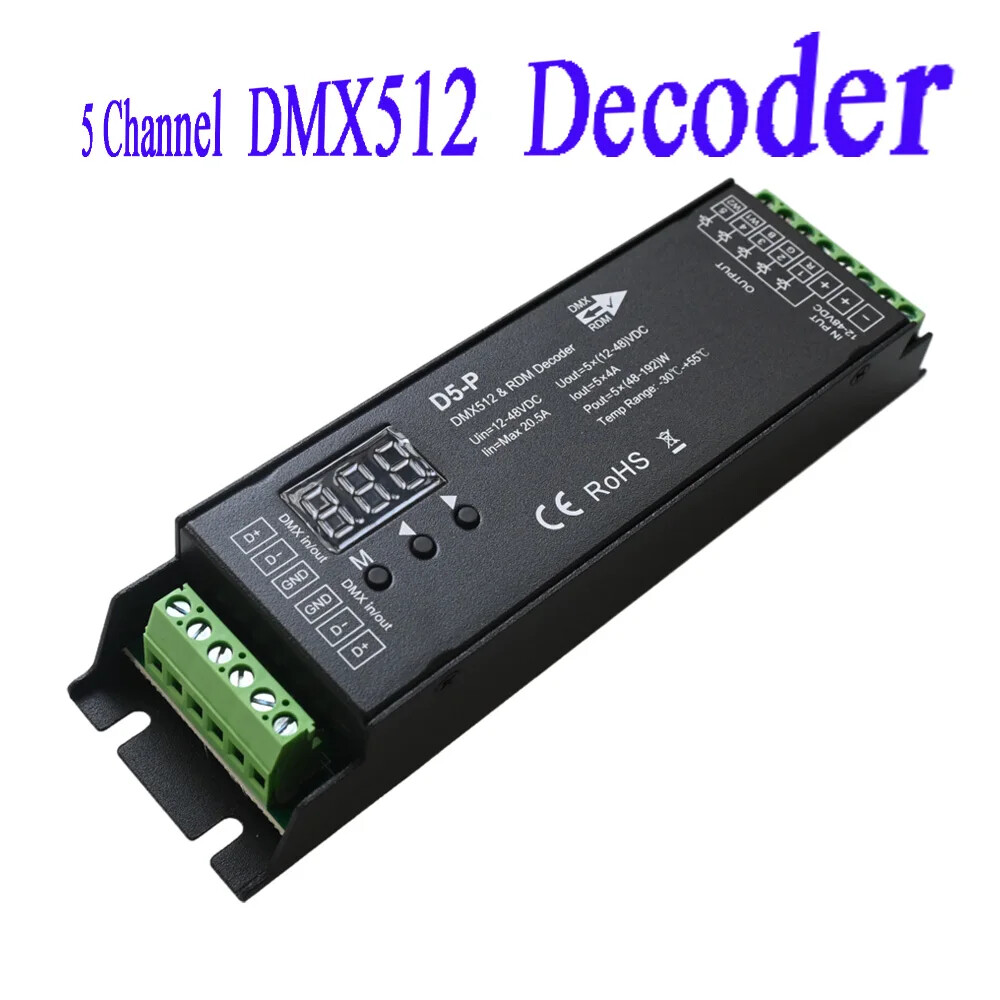 DC 12V-48V 5 Channel DMX Decoder DMX512 Dimmer Driver PWM RGBCCT LED Controller