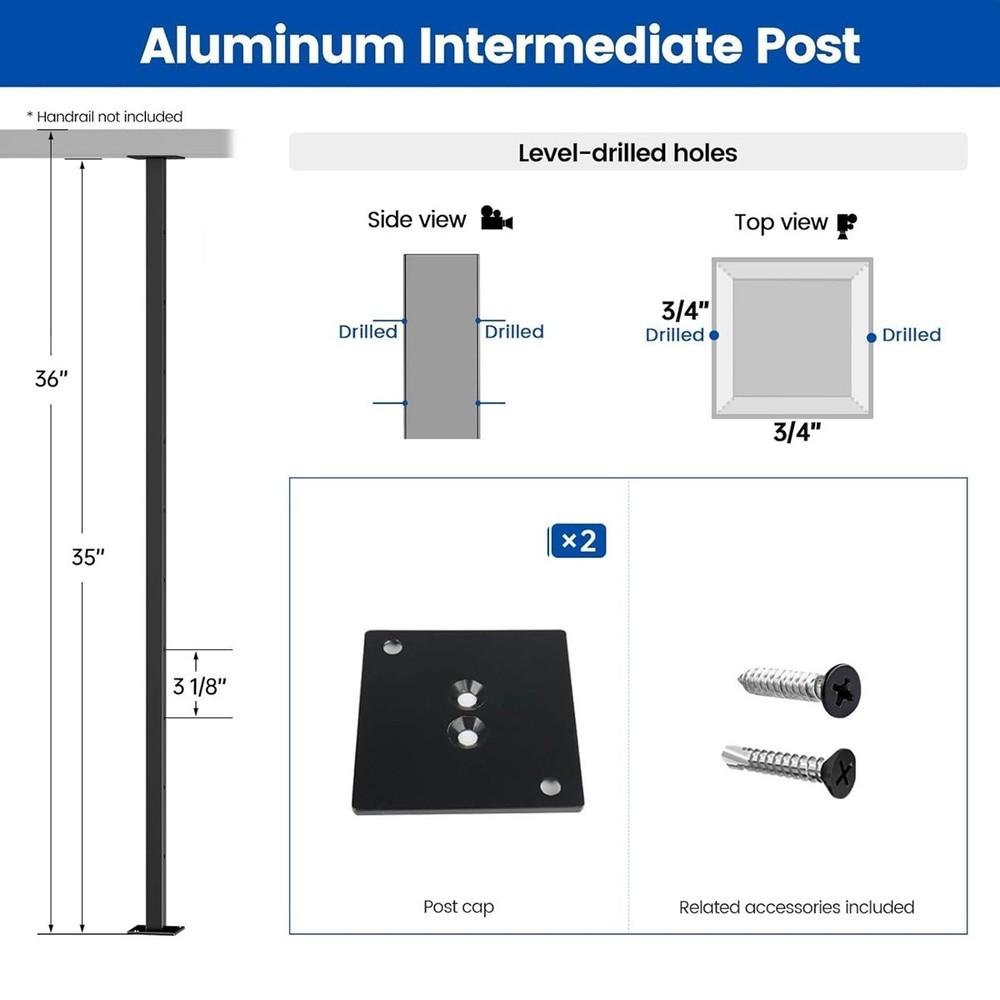 Black Aluminum Intermediate Cable Railing Post 36" Surface Mount w/ Flat Bracket