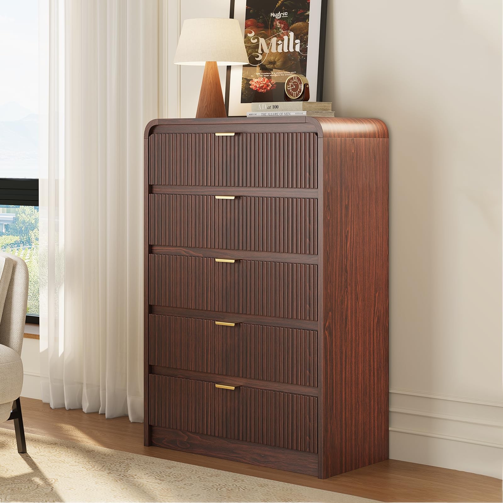 Fluted 5 Drawers Dresser for Bedroom, 48" Tall Wooden Modern Dresser,Dark Walnut