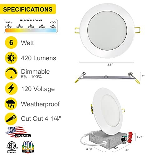 6 Pack 3 Inch Ultra-Thin LED Recessed Lighting, Selectable