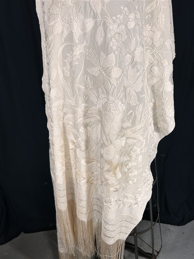 antique silk shawl embroidered white large 26x90 fringe 16 in. original 1800