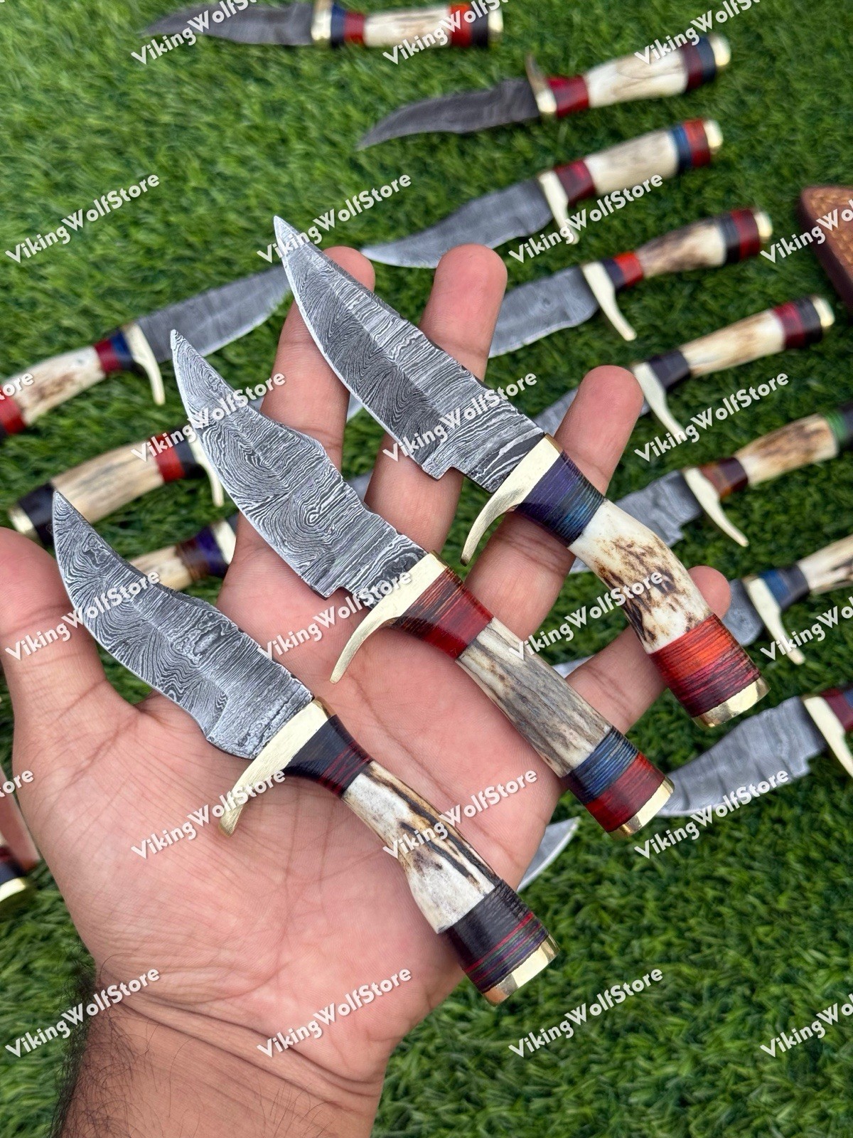 LOT OF 20PCS, 6'' INCH SKINNER KNIFE STAG HORN HANDLE HANDMADE DAMASCUS W/SHEATH