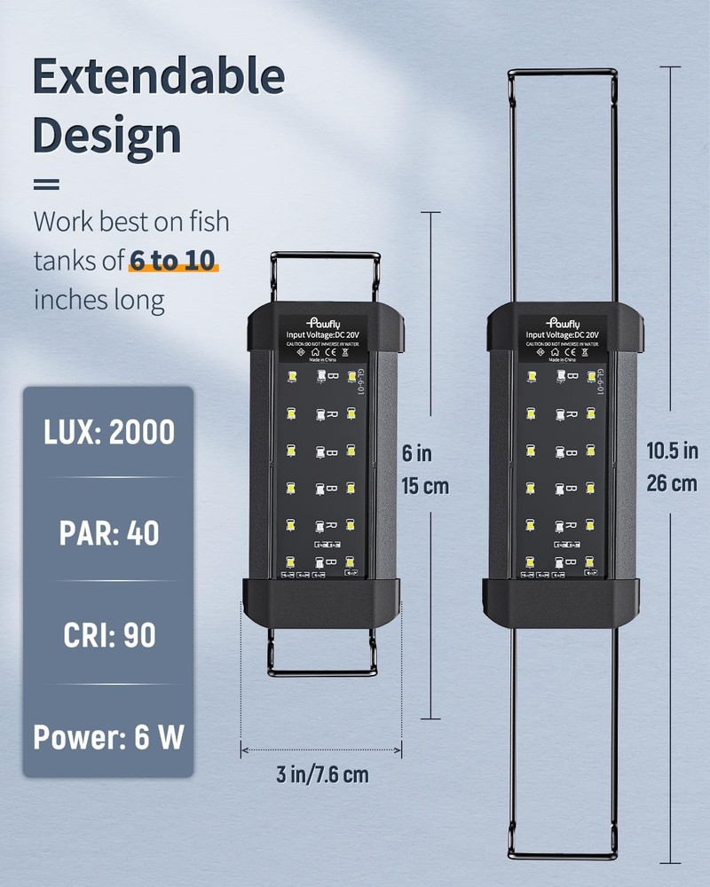 Pawfly 6 W Extendable Aquarium LED Light for 6 to10 6"-10", Basic with Timer