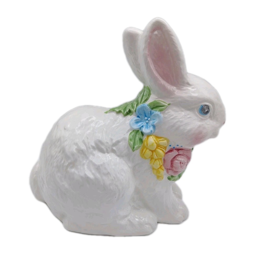Easter Ceramic Bunny Rabbit Figurine Flowers Around Neck