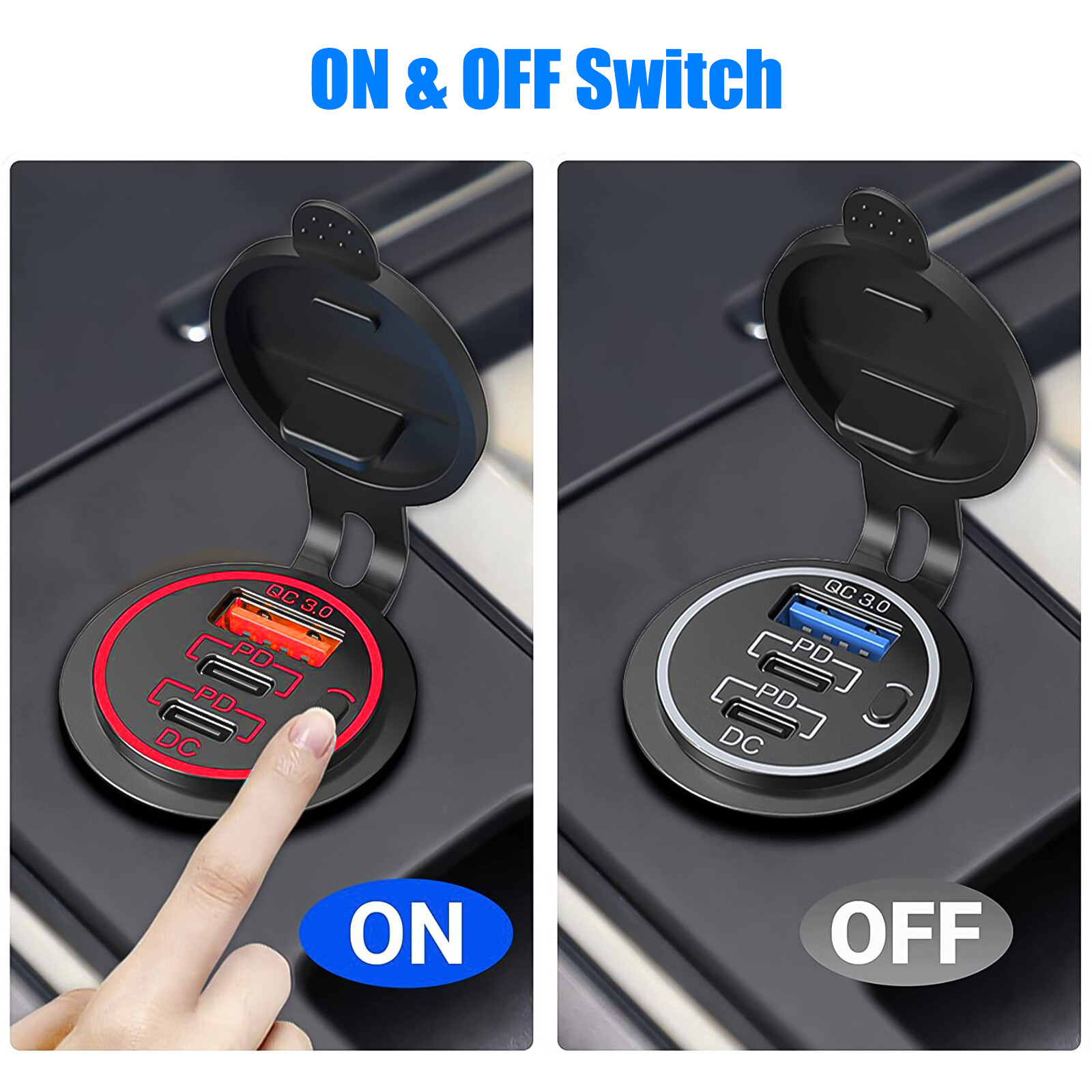 12-24V USB C 3 Port Fast Car Charger PD & QC3.0 Outlet Socket for Boat RV Marine