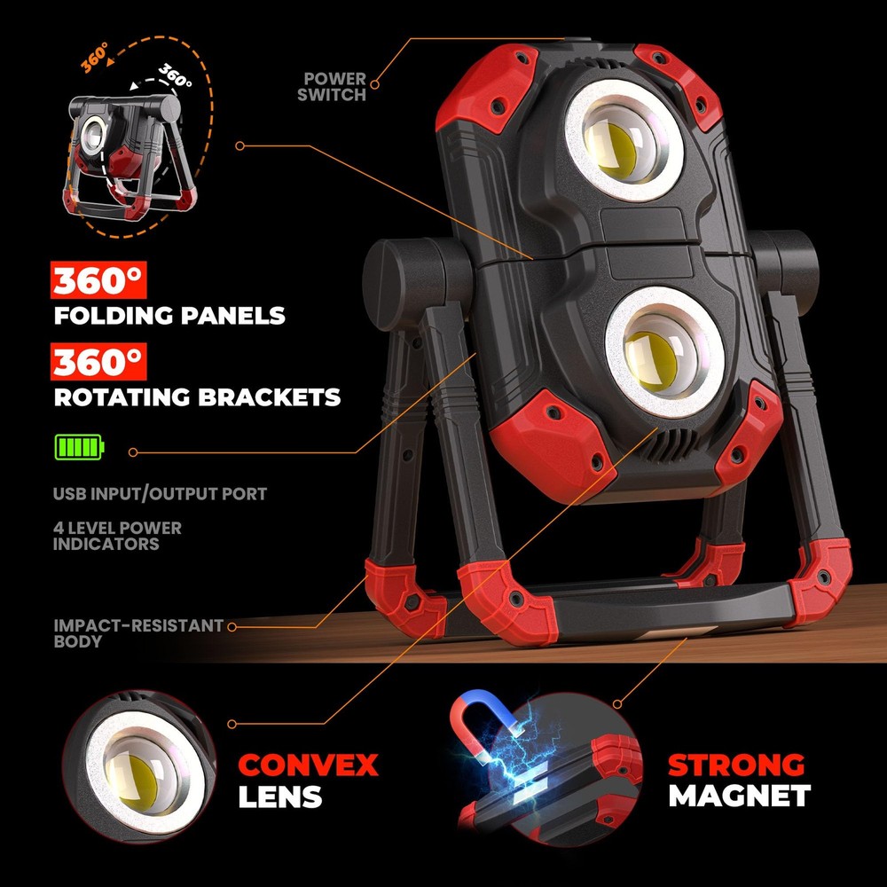 2 Pack LED Work Light Rechargeable, 2 COB 2500LM Folding Portable Flood Light...