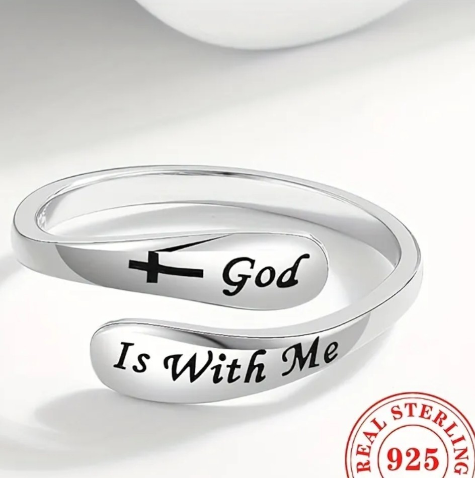 Solid 925 Sterling Silver Adjustable Ring with "God is with me" engraved