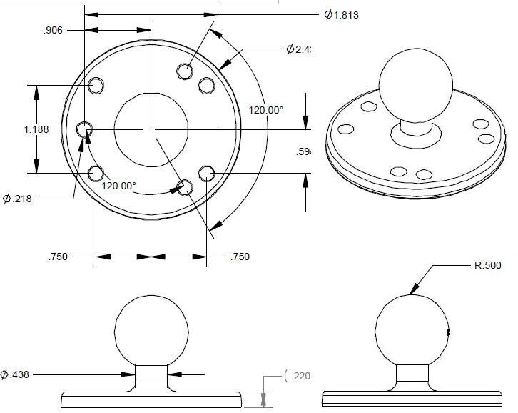RAM 2.5" Round Base with 1" Ball & Triple Magnetic Base Adapter