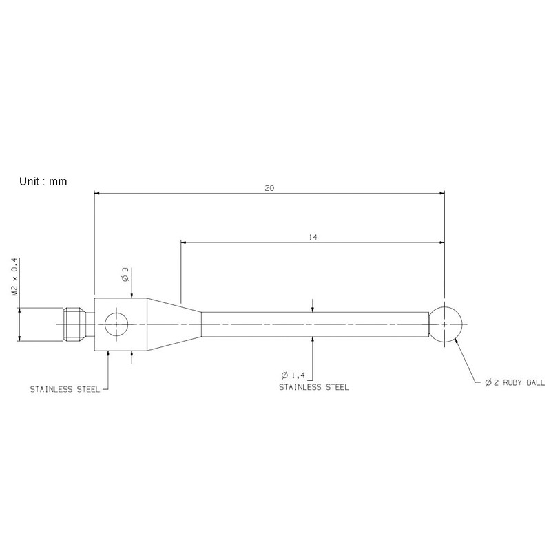 CMM Probe M2 Thread 2mm Ruby Ball Tips Stainless Steel Rod L20mm for A-5000-3603