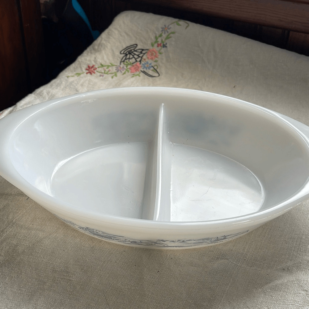 Vintage Glasbake divided dish Currier & Ives