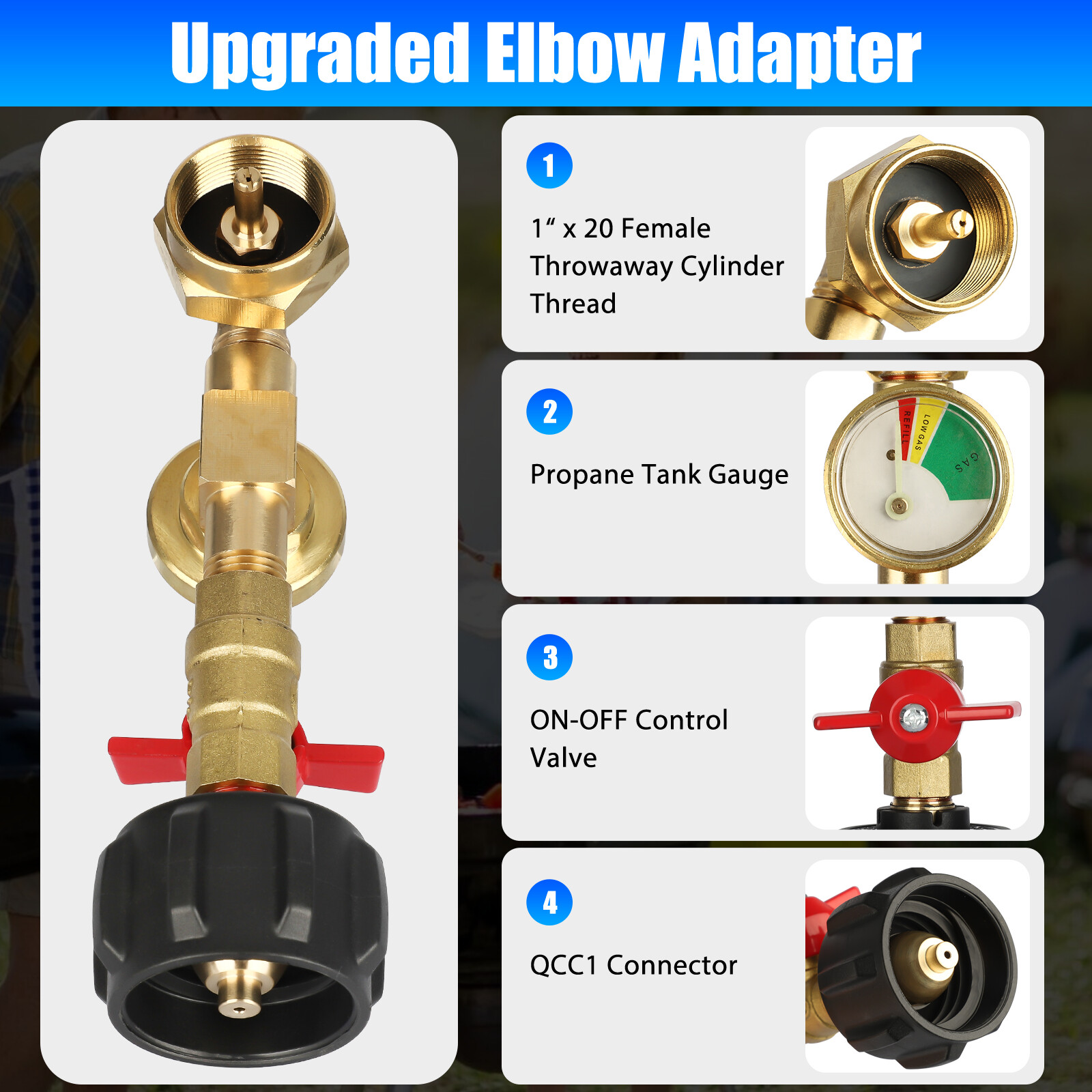 Propane Refill Adapter w/ON-Off Valve and Gauge Fill 1Lb Bottle From 5-40Lb Tank