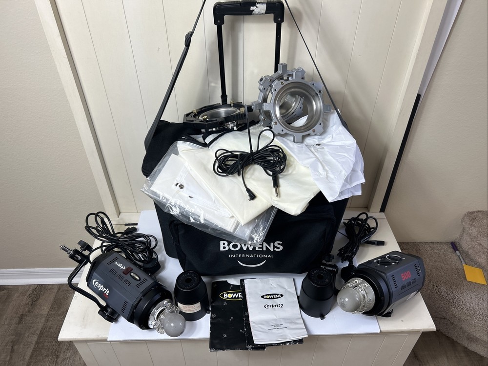 Pair Bowens Esprit 2 BW-2062 500 Studio Flash Head Grey + Carrying Case - SET