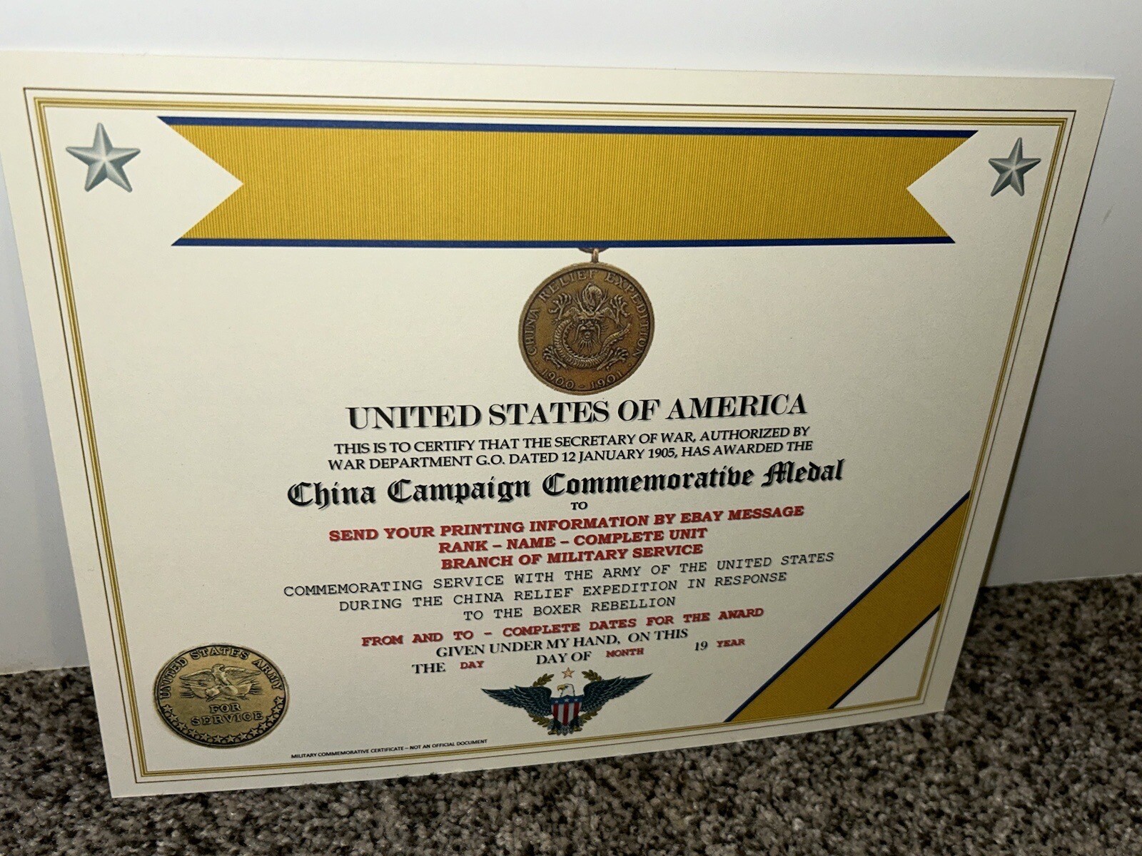 CHINA CAMPAIGN (ARMY) COMMEMORATIVE MEDAL CERTIFICATE ~ W/PRINTING TYPE-1